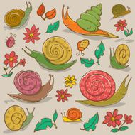 Vector colourful snails flowers leaves background - Illustration