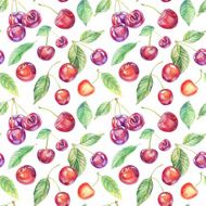 Seamless pattern with cherries Drawing colored pencils N2