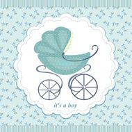 Pram on an abstract background in child blue flowers N2
