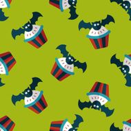 Halloween cupcakes with bat flat icon eps10 seamless pattern background N4