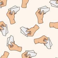 hand holding paper cartoon seamless pattern background N2