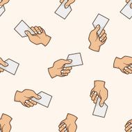 hand holding paper cartoon seamless pattern background N3