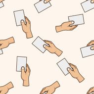 hand holding paper cartoon seamless pattern background N5
