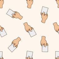 hand holding paper cartoon seamless pattern background N6