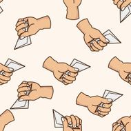 hand holding paper cartoon seamless pattern background N7