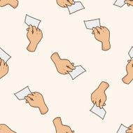 hand holding paper cartoon seamless pattern background N8