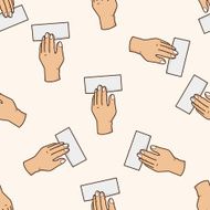 hand holding paper cartoon seamless pattern background N10