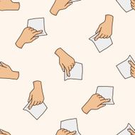 hand holding paper cartoon seamless pattern background N11