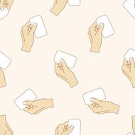hand holding paper cartoon seamless pattern background N20