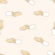 hand holding paper cartoon seamless pattern background N21