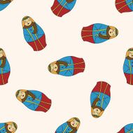 Russian traditional wooden dolle cartoon seamless pattern background N2