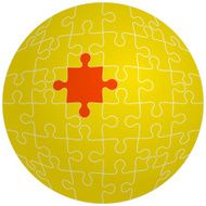 Jigsaw puzzle in the shape of a sphere with one