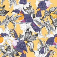 Tropical Seamless Background with Exotic Flowers and Toucan N3