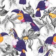 Tropical Seamless Background with Exotic Flowers and Toucan N4