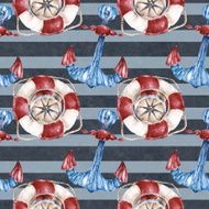 Seamless pattern with lifebuoy anchor and compass Watercolor illustration N4