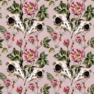 Seamless pattern with flowers and birds skull Watercolor illustration N5