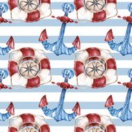 Seamless pattern with lifebuoy anchor and compass Watercolor illustration N6