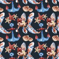 Seamless pattern with gold fish anchor sea shell Watercolor illustration N2