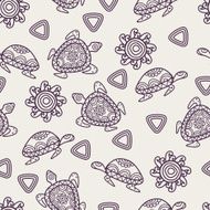 Vector seamless decorative pattern with ornamental turtles sun and triangle