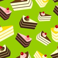 Delicious Cakes on Green Background Seamless Pattern
