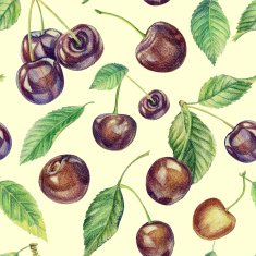 Seamless pattern with cherries Drawing colored pencils