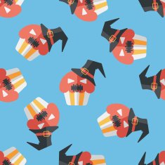 Halloween cupcakes with ghost flat icon eps10 seamless pattern background N3