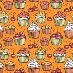 Seamless pattern with muffins and cherries