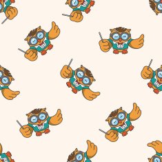 animal owl playing instrument cartoon seamless pattern background