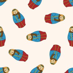 Russian traditional wooden dolle cartoon seamless pattern background N2