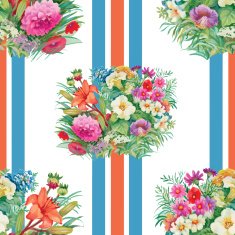Seamless pattern with spring flowers on grunge striped colorful background N3
