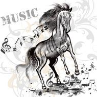 Music background with running horse and notes