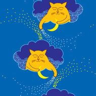 Seamless pattern with ginger Funny cat and moon