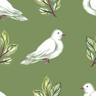 Watercolor seamless pattern with white doves N2