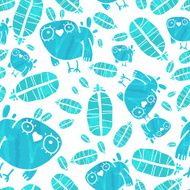 Vector Seamless Watercolor Pattern with Birds and Feathers