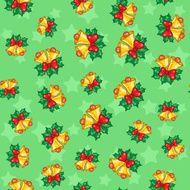 Seamless pattern of Christmas bells with leaves on green backgro