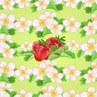 Seamless texture of strawberries with flowers and leaves vector N2