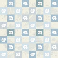 White marine sea snail repetitive pattern blue and grey squares