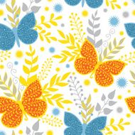 Vector vibrant blue and orange butterflies seamless pattern background