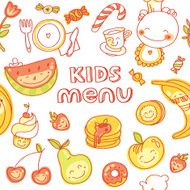 Child and baby food kids menu with colorful smiling fruits N2