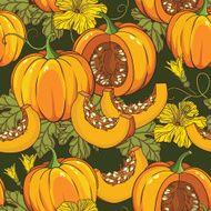 Vector botanical pattern with isolated pumpkins flowers and leaves N4