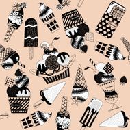 Different flavors of ice cream Black white Seamless background pattern