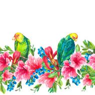 Floral Seamless Border with Tropical Flowers and Green Parrots