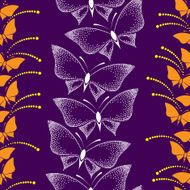 Seamless pattern with butterflies and dots on a violet background