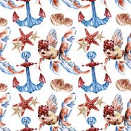 Seamless pattern with gold fish anchor sea shell Watercolor illustration N3