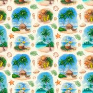 Watercolor seamless pattern with illustrations of a tropical paradise
