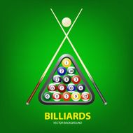 Vector background with billiards balls triangle and two cues