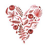 Watercolor nature vector heart with leaves and garnets (burgundy)