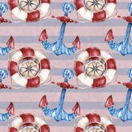 Seamless pattern with lifebuoy anchor and compass Watercolor illustration N7