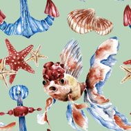 Seamless pattern with gold fish anchor sea shell Watercolor illustration N4