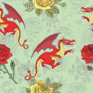 Seamless background with dragons and roses